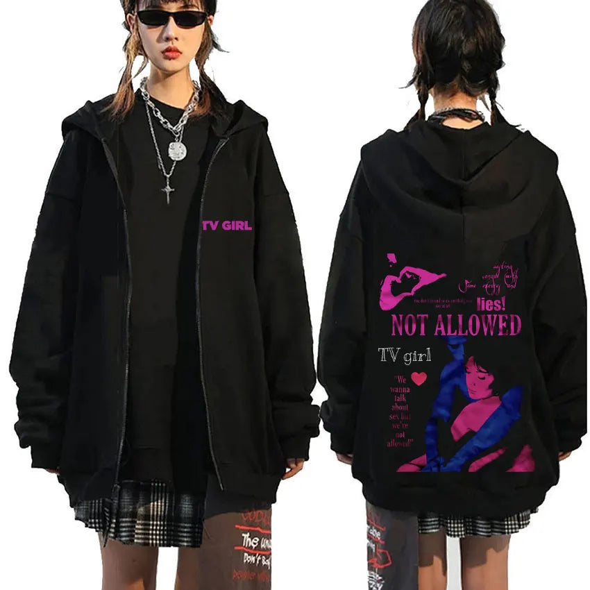 TV Girl Who Really Cares Graphic Print Zipper Hoodie Men Women Fashion Casual Oversized Zip Up Jacket Male Fleece Sweatshirts