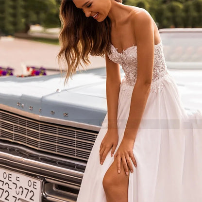 Beach Sweetheart  Wedding Dress Srapless Slit Chiffon Sexy Backless Lace Applique Bridal Gown Train Vestido De Noiva Customized