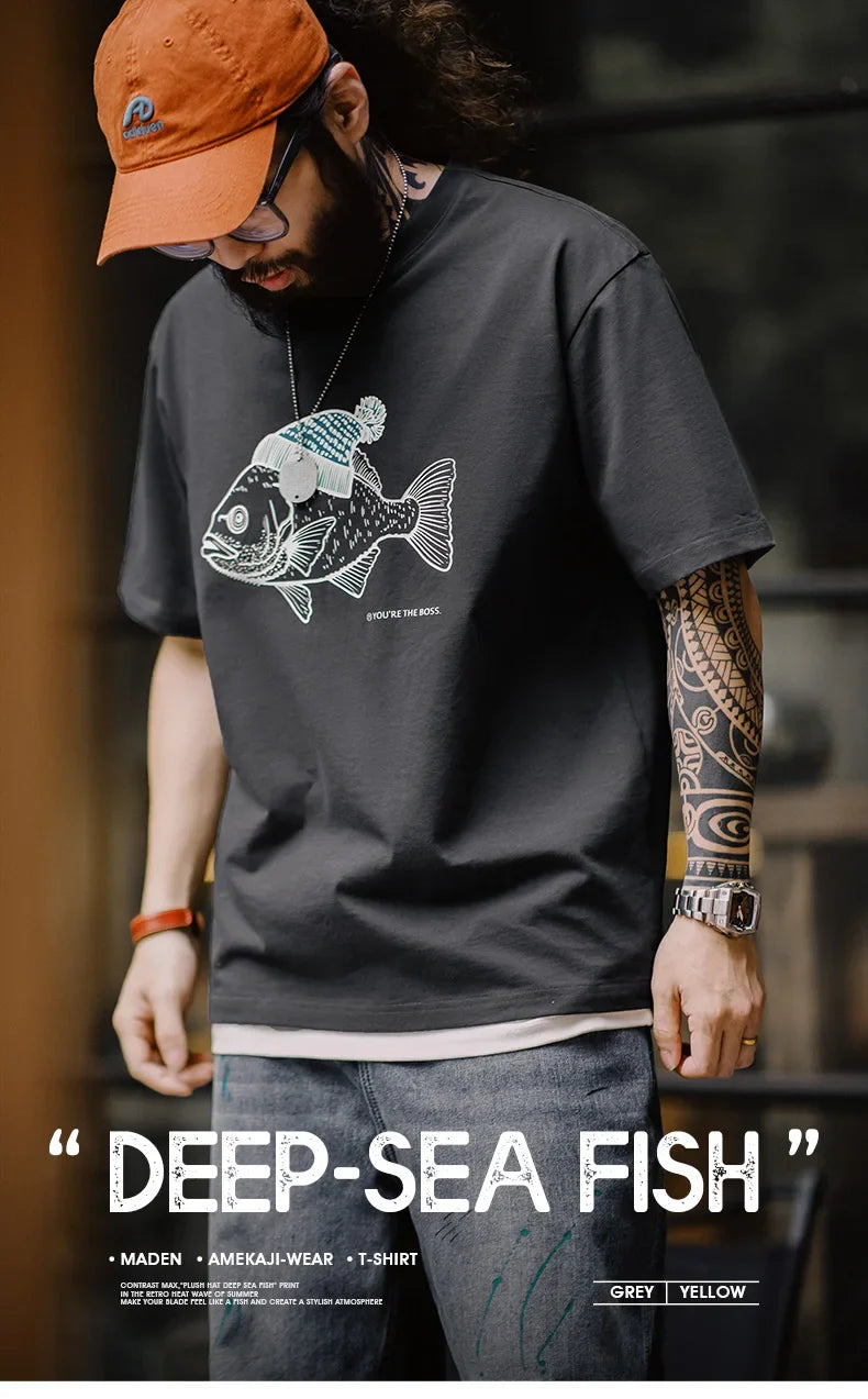 Maden Vintage Flocked Print Short-sleeved T-shirts Animal Pattern Cotton Round Neck Tops for Men's Summer Casual Loose Fit Tee