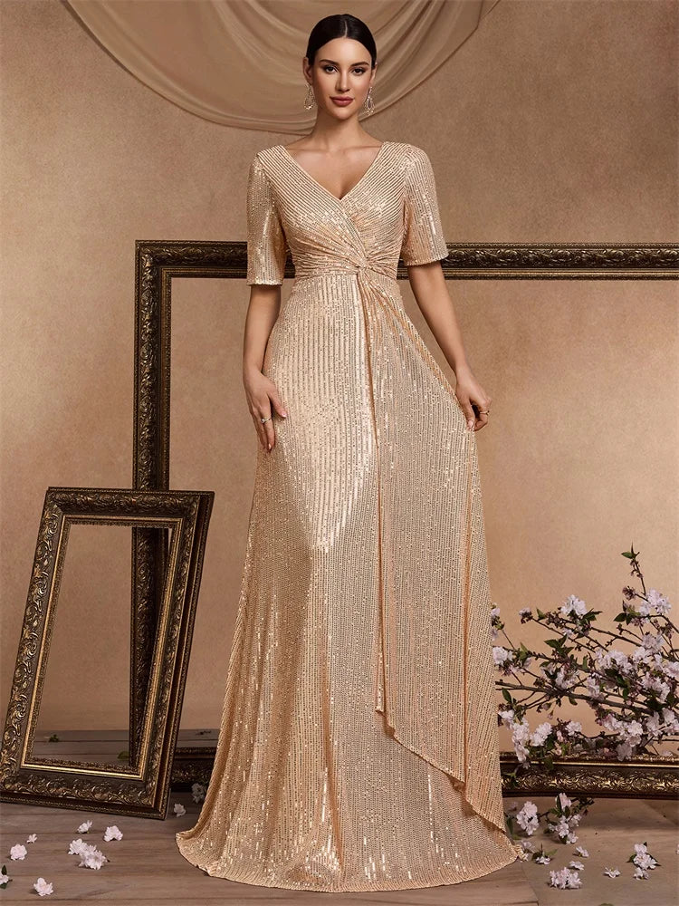 Luxury Floor Length V-Neck Evening Dress 2025 Women Elegant Party Maxi Sequin Short Sleeves Prom Cocktail Graduation Dress