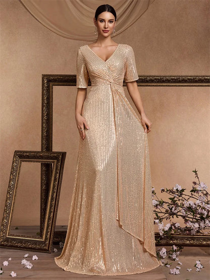 Luxury Floor Length V-Neck Evening Dress 2025 Women Elegant Party Maxi Sequin Short Sleeves Prom Cocktail Graduation Dress