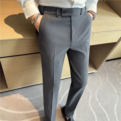 Autumn Winter Elastic Waist Suit Pants Men High Quality Youthful Vitality Smart Casual Suit Trousers Mens Solid Striped Pants