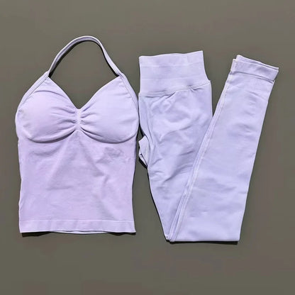 2Piece Sports Gym Set Women Longline Strappy Top Fitness Clothes Seamless Yoga Set Running Workout Sports Leggings Sets