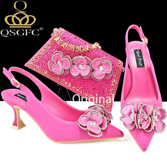 Party Shoes And Bag Ladies Heel Decoration Pure Elegant Flower Wedding Shoes And Bag Full Rhinestone Fashion Handbag