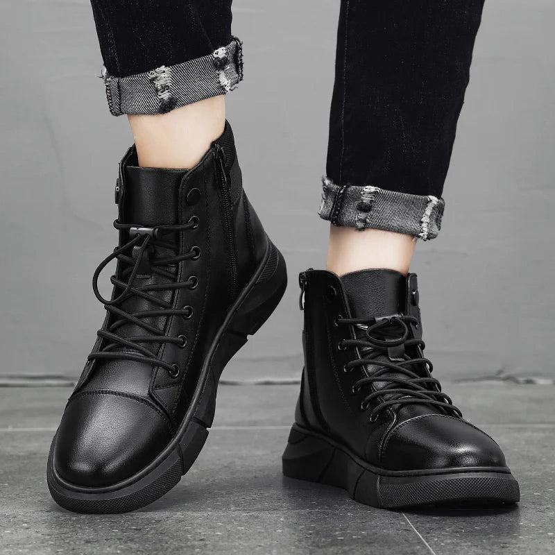 Black Leather Men Ankle Boots Winter Outdoor Casual Shoes No-slip High Top Male Work Shoes High Quanlity Light Man Chelsea Boots
