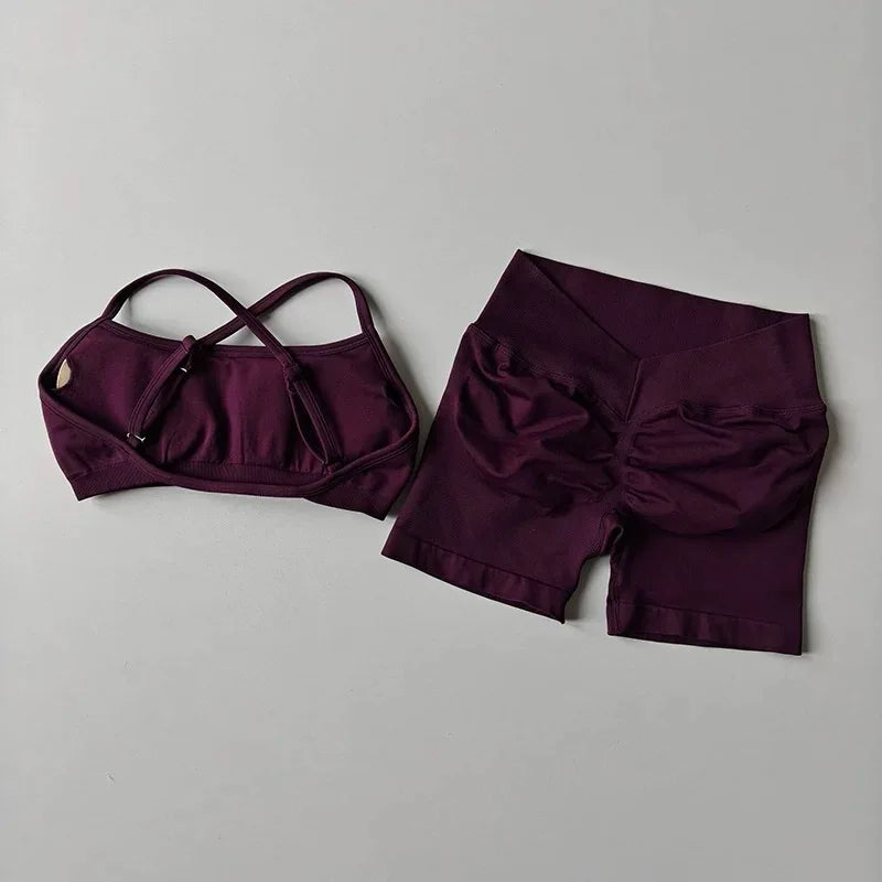 2PCS Women's High Waist Seamless Yoga Gym Set Sports Bra Top with Scrunch Shorts Fitness Workout Sportswear