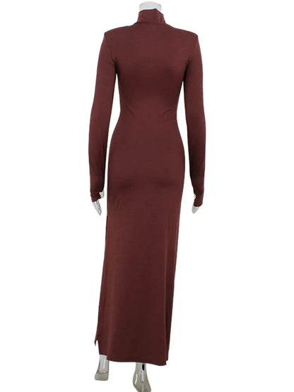 Sheath Women's Maxi Dresses Solid Turtleneck Regular Long Sleeves Hollow Out Slim Fit Bodycon Party Vestidos Robes
