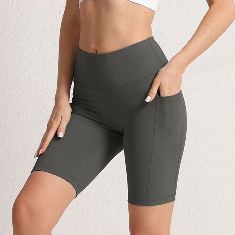 Women Yoga Shorts with 3 Pockets Seamless Gym Fitness Tights Elastic Cycling Shorts Female Solid Color Leggings