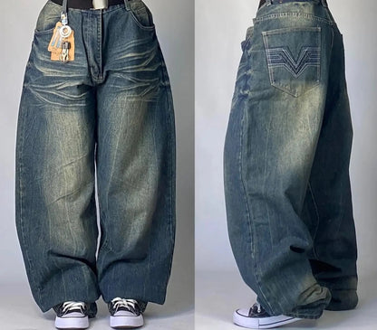 Streetwear New Vintage Letter Printing Washed Baggy Jeans Women Y2K Harajuku Hip Hop Popular Gothic High Waist Wide Leg Pants
