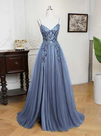 Sling Evening Dresses Sexy Spaghetti Straps V-Neck Illusion Sequins Appliques Prom Dress A-Line Train High Split Gowns