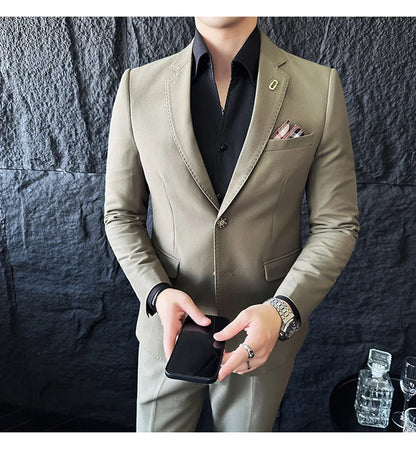 Men's Korean Style Slim Fit Suit Set, High Quality Fabric Solid Color Edge Pressing for Wedding Business