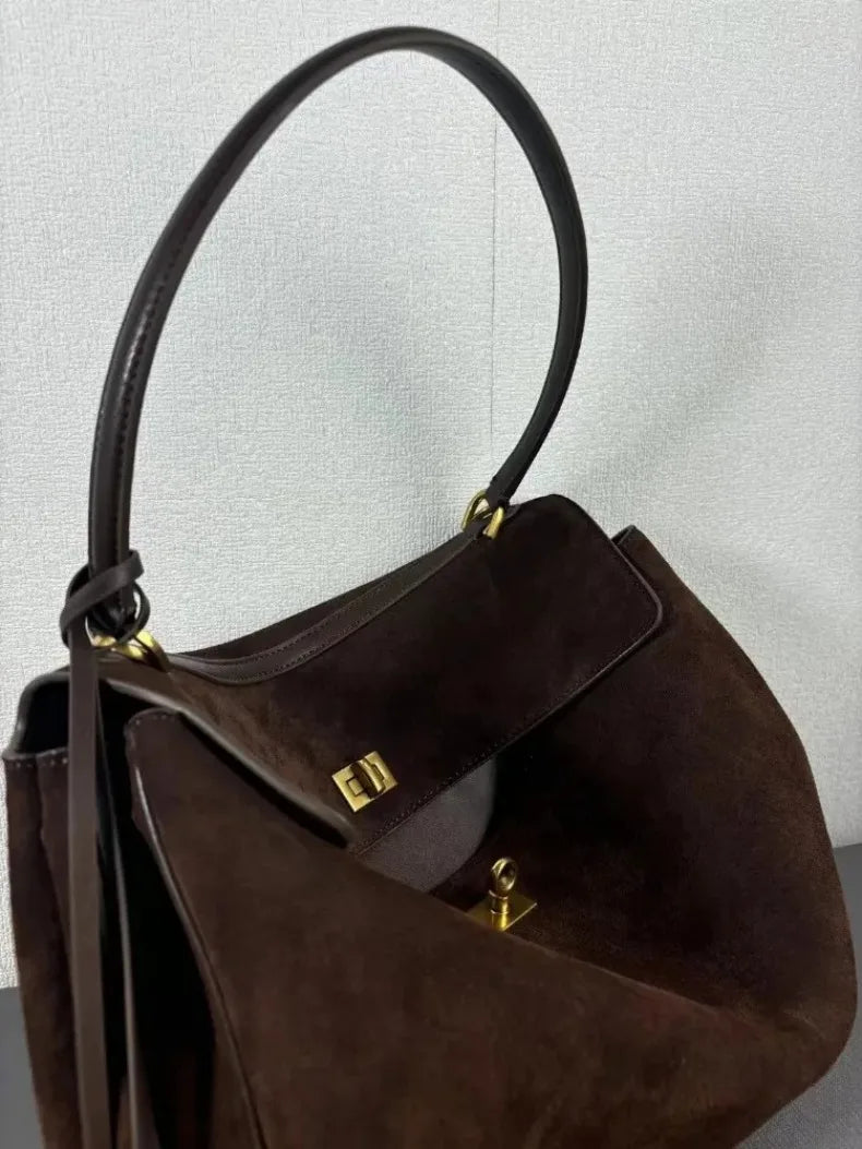 Suede Leather Tote Bag for Women Large Capacity Cowhide Shoulder Bag Designer Lock Satchel Chic Soft Nubuck Crossbody Purse
