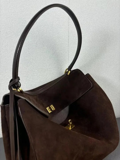 Suede Leather Tote Bag for Women Large Capacity Cowhide Shoulder Bag Designer Lock Satchel Chic Soft Nubuck Crossbody Purse