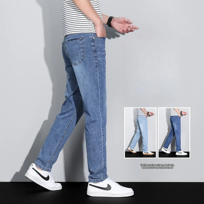 Men's Ice Silk Denim Cargo Pants Summer New Thin Business Casual Jeans Outdoor Y2K All Match Slim Fit Straight Elastic Jean Male