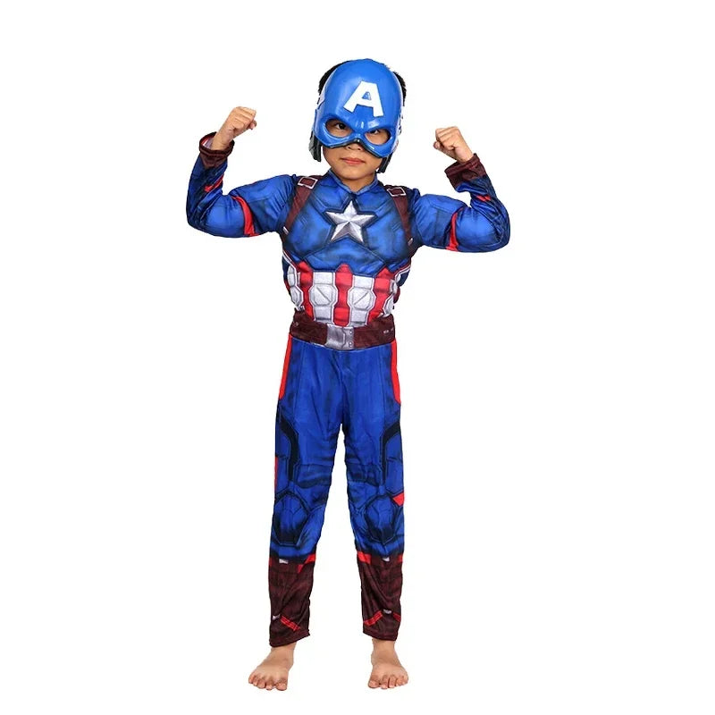Captain America Muscle Costume Cosplay Superhero Captain America Muscle Jumpsuit Shield Halloween Carnival Party Costume for Kid