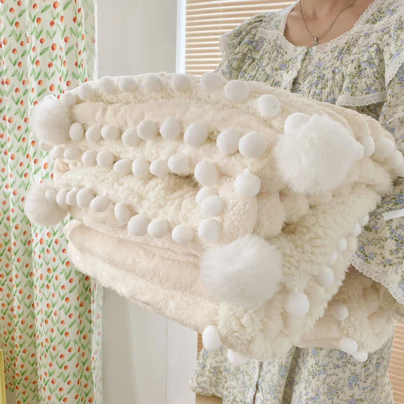 Solid Color Striped Fluffy Blanket Milk Velvet Soft Blanket with Cute Pompoms 3D Stereo Craft Travel Warm Bedding All Season