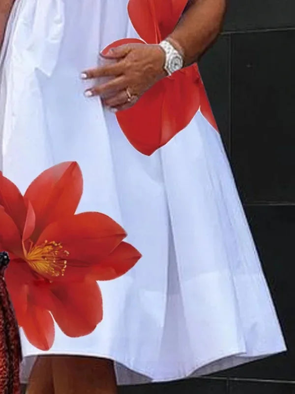 Women's Summer New Dress 2025 V-Neck Pleated Short Sleeves White Loose Flower Print Casual Midi Dresses for Woman