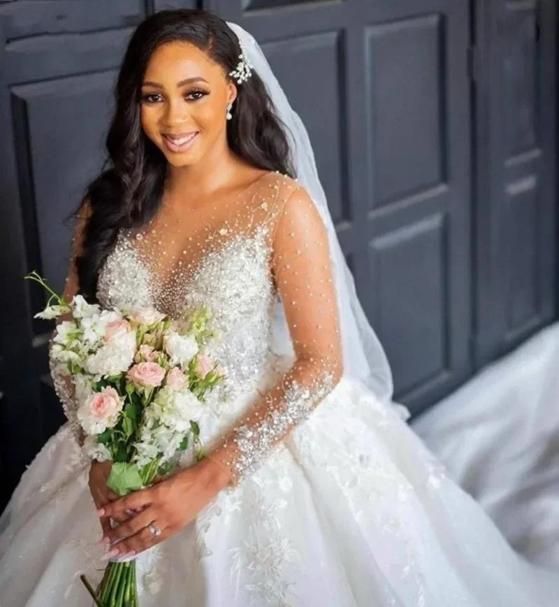 Customize Vinca Sunny Luxury  Wedding Dresses  Ball Gown O-Neck Beaded Appliques Long Sleeves GownfVestido vestidos de novia