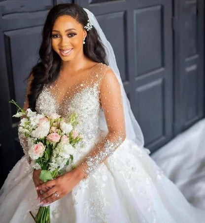 Customize Vinca Sunny Luxury  Wedding Dresses  Ball Gown O-Neck Beaded Appliques Long Sleeves GownfVestido vestidos de novia