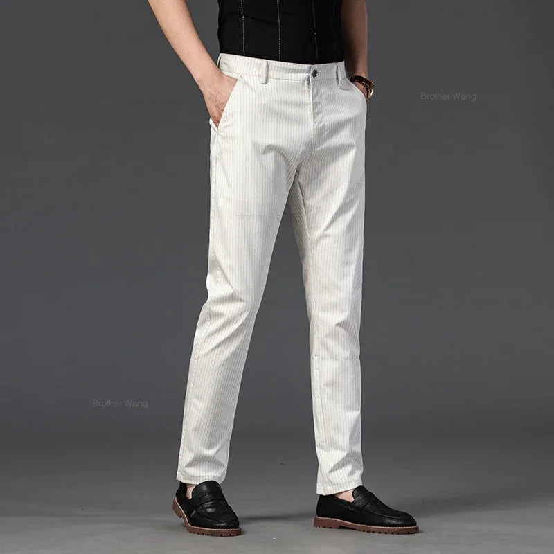 New Men's Business Straight Striped Casual Pants High Quality British Fashion Soft Elastic Trousers Black White Khaki Gray
