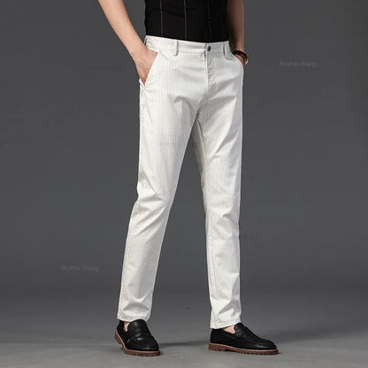 New Men's Business Straight Striped Casual Pants High Quality British Fashion Soft Elastic Trousers Black White Khaki Gray