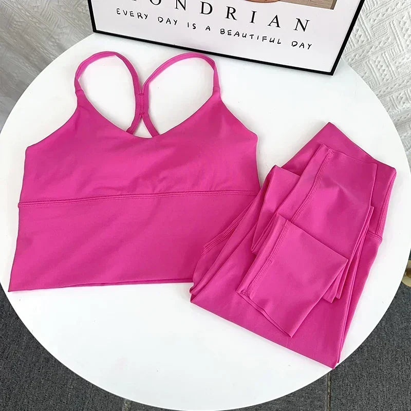2 Piece Yoga Set Sportswear Fitness Suits Sexy Cross back Yoga Tops Elasticity High Waist Leggings Running Sports Clothing