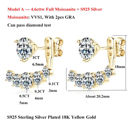 2 in 1 Full 5mm D Color Moissanite Stud Earrings for Women S925 Silver 2cttw All Diamond Earring Pierced Ear Fine Jewelry