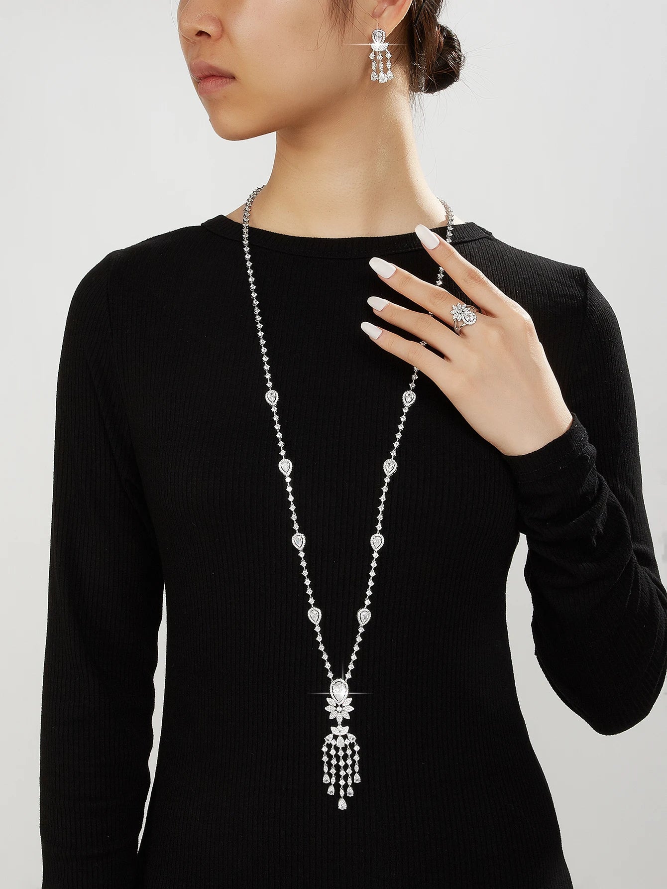 Trendy Sweater Cubic Zircon Long Chian Necklace Jewelry Sets for Women Party Luxury Wedding Bridal Jewellery Accessories