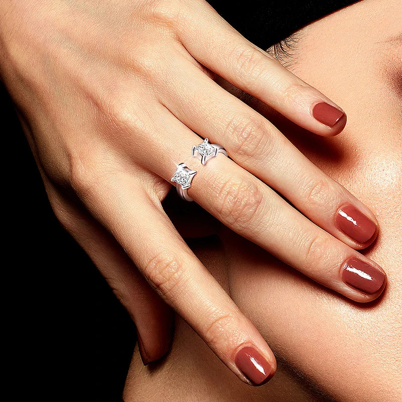 1CTTW 4.5mm Princess Cut Certified Moissanite Rings for Women Adjustable 100% 925 Sterling Silver Wedding Party Band Gift