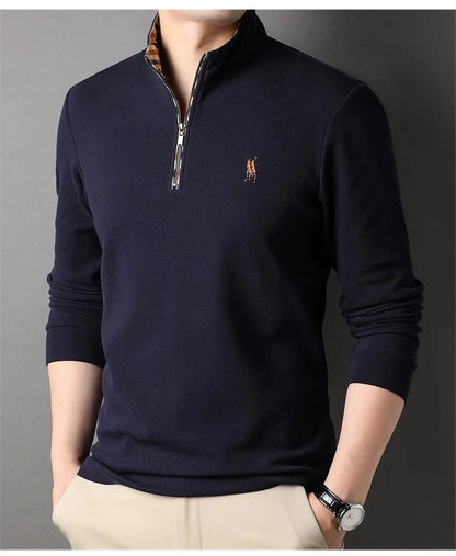 High end 100% cotton brand long sleeve T-shirt men's standing collar autumn fashionable embroidery Paul casual sports polo shirt