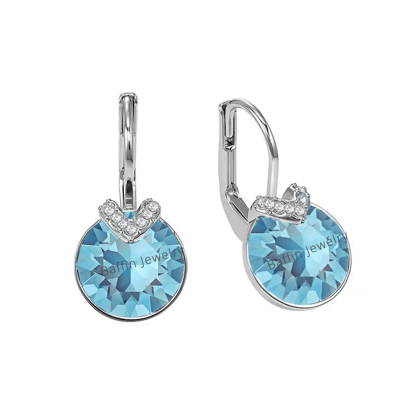 Bella V Drop Earring for Women Christmas Birthday Genuine Crystals from Austria Round Cut Dangle Silver Color Pierced Jewelry