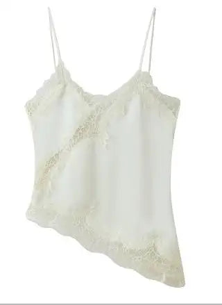 Women Lace Trim Satin Camisole V Neck Spaghetti Strap Backless Asymmetrical Tops Trendy Summer Streetwear