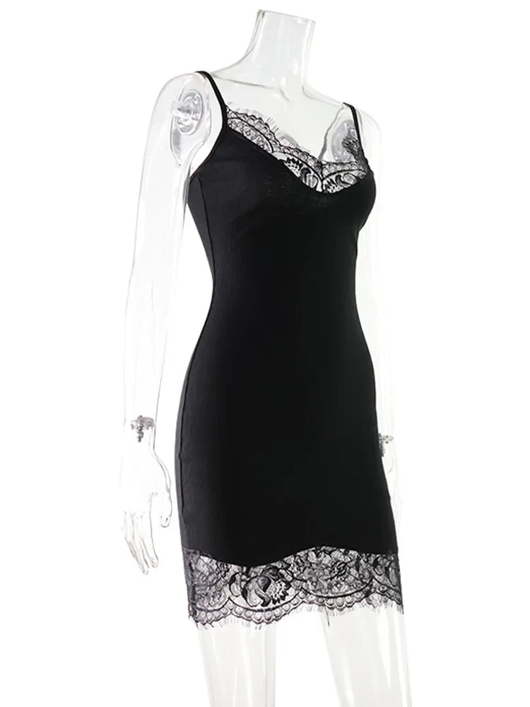 Women's Mini Dress Straps Patchwork Lace Sheath Sleepwear Sleeveless Nightgown Camisole Basic Female Vestidos Slim