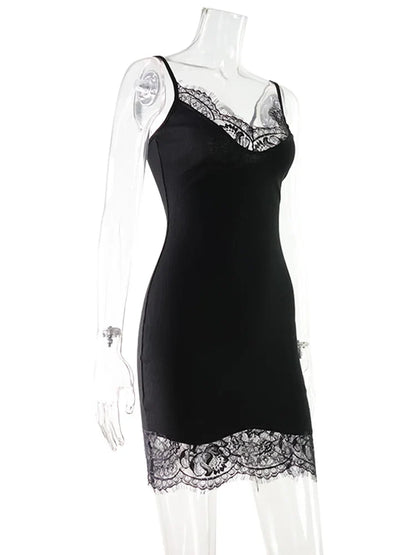 Women's Mini Dress Straps Patchwork Lace Sheath Sleepwear Sleeveless Nightgown Camisole Basic Female Vestidos Slim