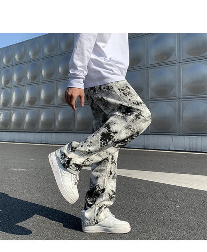 Printed jeans Unisex Elastic waist Spring 2025 Mopping Trousers Jeans Mens Fashion Korean Style High Street Loose Hip Hop Pants