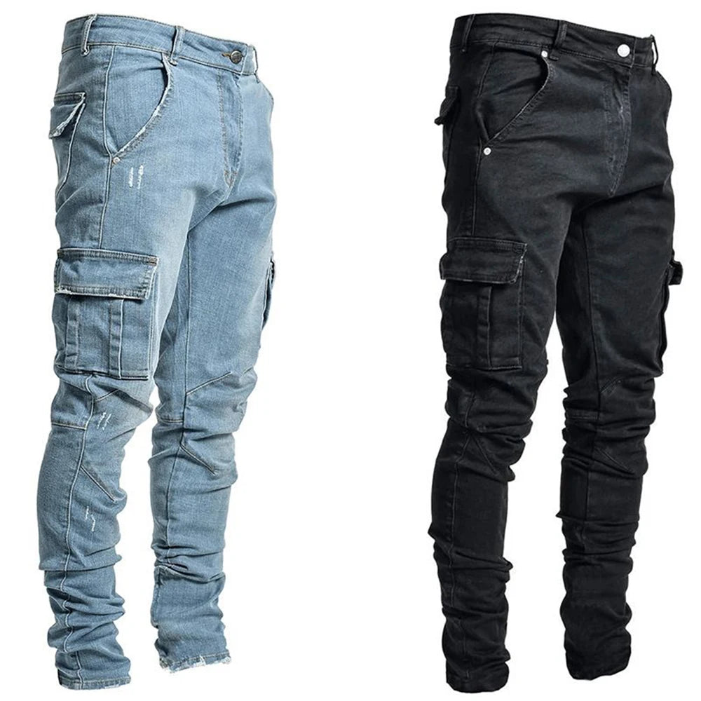 Calça Jeans Masculina Skinny Rasgada Estilo Streetwear Com Bolsos Laterais Calça Cargo Jeans Slim Fit Calça Macia Elástica Jogger