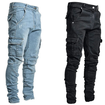 Calça Jeans Masculina Skinny Rasgada Estilo Streetwear Com Bolsos Laterais Calça Cargo Jeans Slim Fit Calça Macia Elástica Jogger
