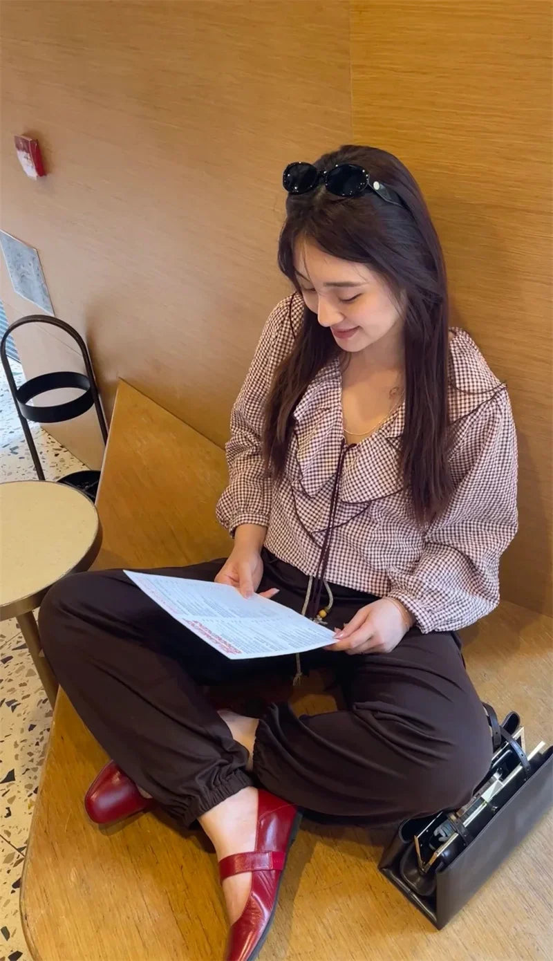 Elegant Fashion Chidori Plaid Ruffles Chiffon Shirt Spring 2025 Ruffled Neck Long Butterfly Sleeve Loose Tops Women's Clothing