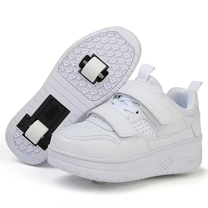 Autumn 2025 Kids Walking Shoes Detachable Double Wheel Roller Skates Boy Leather Student Shoe Four Wheeled Children Shoes Girl