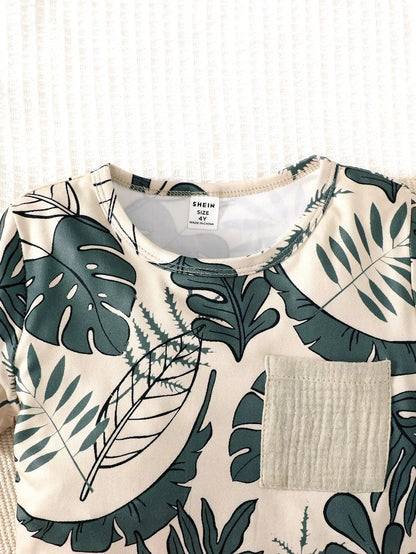 2PCS Kid Boy Clothes Set Short Sleeves Leaf Print Pocket Style T-shirt+Shorts Summer Casual Outfit For Child Boy 4-7 Years