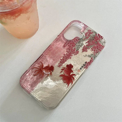 Vortex pattern painted calligraphy flower branch koi phone case with koi pendant for iPhone 11 12 13 14 15 16 17 pro max