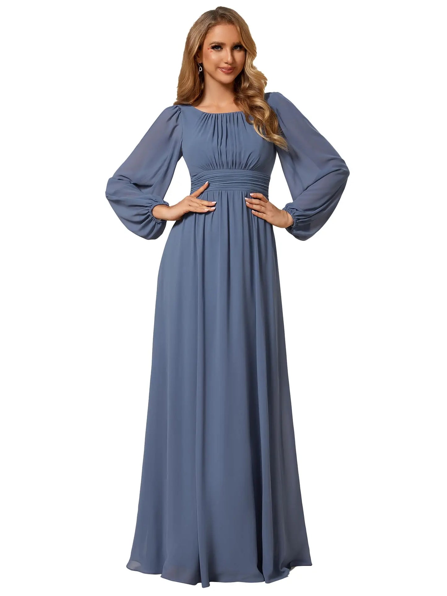 Women's Crewneck Lantern Sleeves Bridesmaid Dresses For Wedding Flowy A-Line Pleated Floor Length Chiffon Formal Evening Dresses