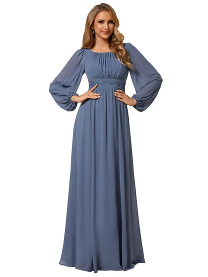 Women's Crewneck Lantern Sleeves Bridesmaid Dresses For Wedding Flowy A-Line Pleated Floor Length Chiffon Formal Evening Dresses