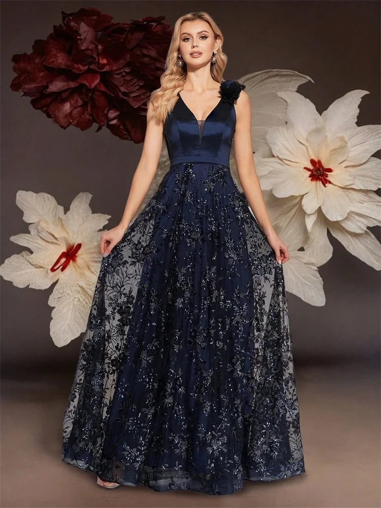 Vestido de Festa Elegante Dourado Floral com Decote em V Longo 2024 Luxo Feminino Chiffon sem Mangas para Baile Coquetel