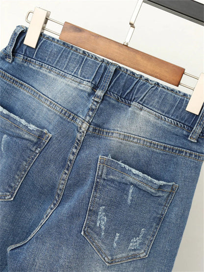 Women Baggy Elastic Waist Jeans Style Ripped Pants
