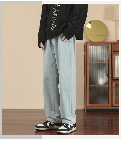 2023 New Korean Fashion Men's Casual Ankle-Length Jeans Classic Man Straight Denim Wide-leg Pants Light Blue Grey Black 3XL