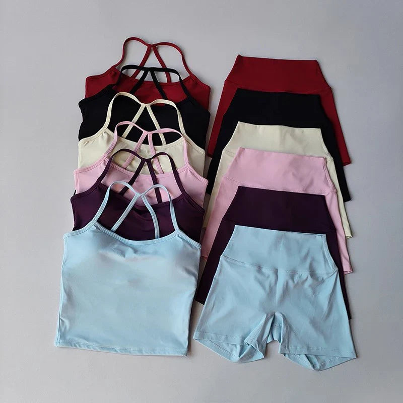 Women's yoga exercise set, popular slim shoulder yoga vest paired with high waisted, waist hugging, naked yoga three part shorts