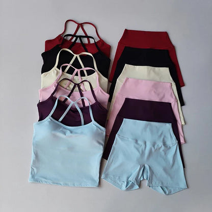 Women's yoga exercise set, popular slim shoulder yoga vest paired with high waisted, waist hugging, naked yoga three part shorts
