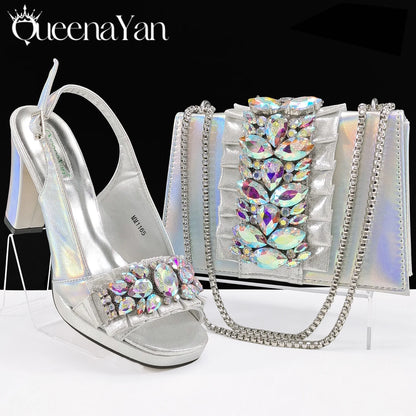Spot goods INS Gold Color Elegant Women Heels Shoes and Bag Set Decoration Rhinestones Women High Heels Shoes