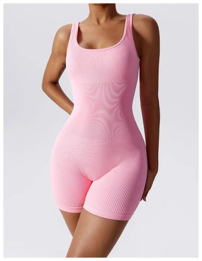 Women's Yoga Rompers One Piece Tummy Control Seamless Ribbed Jumpsuit Padded Sports Bra Workout Romper Fashion Fitness Sportwear